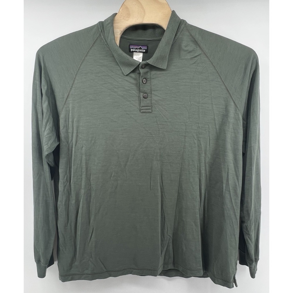 Patagonia Mens Lightweight Merino Wool Polo Shirt Long Sleeved XL Green